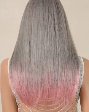 Wig – Bone straight – Ombre ash grey and pink